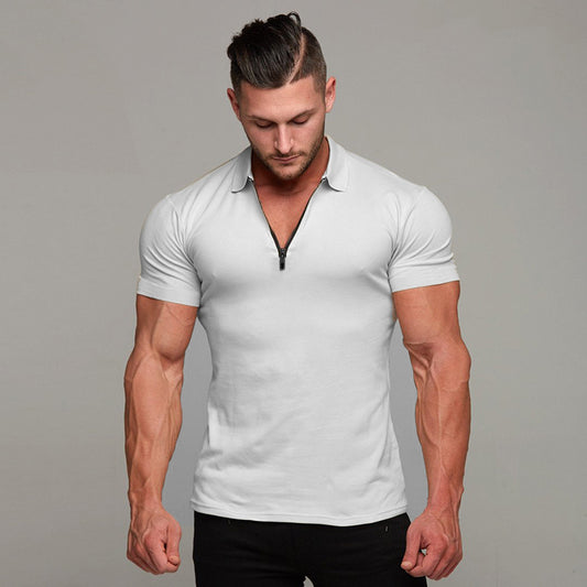 Men's Zipper Collared Casual Short Sleeved Shirt