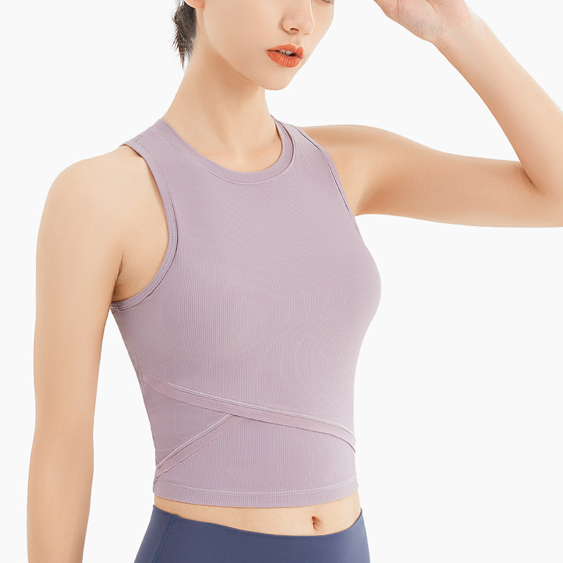 Vest Women With Chest Pad Yoga Wear Sports Outdoor Running Ribbed Shirt Sleeveless Fitness Vest